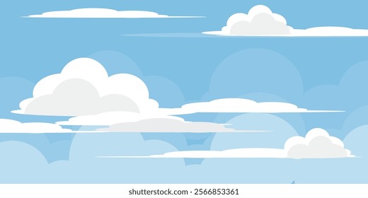 Sky with Clouds illustration in flat style. Sky and clouds background. Cloudy vector cartoon illustration in blue color. Nature abstract wallpaper.