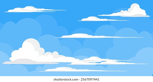 Sky with Clouds illustration in flat style. Sky and clouds background. Cloudy vector cartoon illustration in blue color. Nature abstract wallpaper.