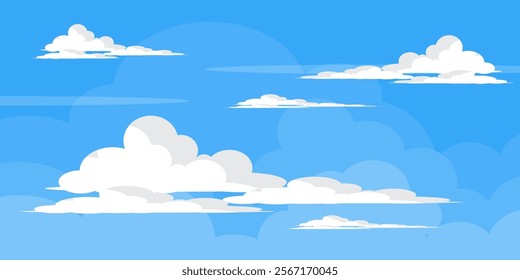 Sky with Clouds illustration in flat style. Sky and clouds background. Cloudy vector cartoon illustration in blue color. Nature abstract wallpaper.