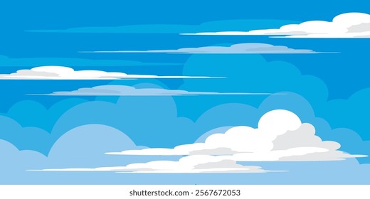 Sky with Clouds illustration in flat style. Sky and clouds background. Cloudy vector cartoon illustration in blue color. Nature abstract wallpaper.