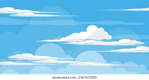 Sky with Clouds illustration in flat style. Sky and clouds background. Cloudy vector cartoon illustration in blue color. Nature abstract wallpaper.