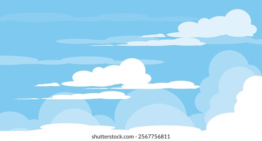 Sky with Clouds illustration in flat style. Sky and clouds background. Cloudy vector cartoon illustration in blue color. Nature abstract wallpaper.