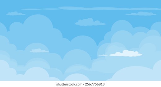 Sky with Clouds illustration in flat style. Sky and clouds background. Cloudy vector cartoon illustration in blue color. Nature abstract wallpaper.