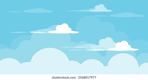 Sky with Clouds illustration in flat style. Sky and clouds background. Cloudy vector cartoon illustration in blue color. Nature abstract wallpaper.