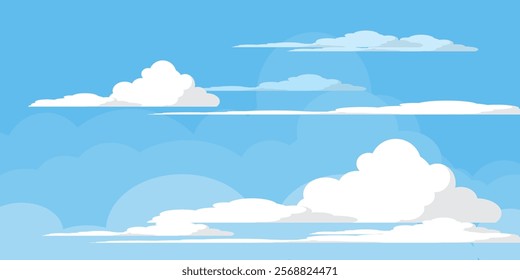 Sky with Clouds illustration in flat style. Sky and clouds background. Cloudy vector cartoon illustration in blue color. Nature abstract wallpaper.