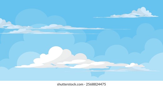 Sky with Clouds illustration in flat style. Sky and clouds background. Cloudy vector cartoon illustration in blue color. Nature abstract wallpaper.