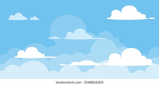 Sky with Clouds illustration in flat style. Sky and clouds background. Cloudy vector cartoon illustration in blue color. Nature abstract wallpaper.