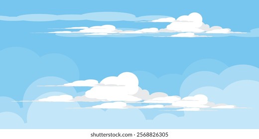 Sky with Clouds illustration in flat style. Sky and clouds background. Cloudy vector cartoon illustration in blue color. Nature abstract wallpaper.