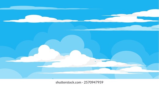 Sky with Clouds illustration in flat style. Sky and clouds background. Cloudy vector cartoon illustration in blue color. Nature abstract wallpaper.