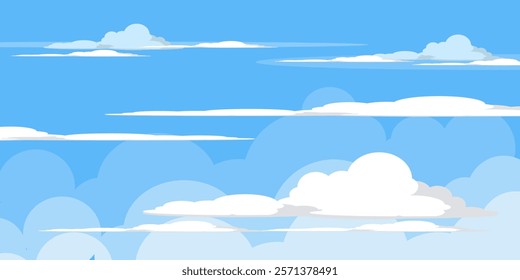 Sky with Clouds illustration in flat style. Sky and clouds background. Cloudy vector cartoon illustration in blue color. Nature abstract wallpaper.