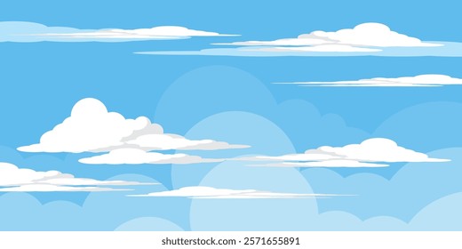 Sky with Clouds illustration in flat style. Sky and clouds background. Cloudy vector cartoon illustration in blue color. Nature abstract wallpaper.