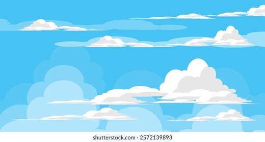 Sky with Clouds illustration in flat style. Sky and clouds background. Cloudy vector cartoon illustration in blue color. Nature abstract wallpaper.