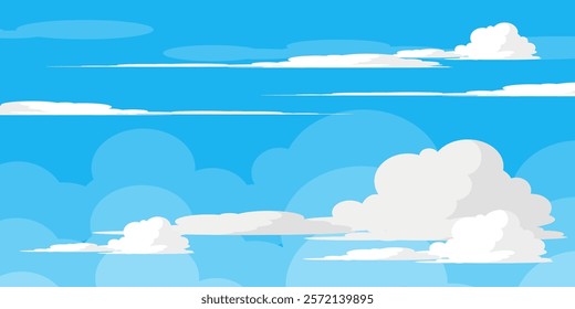 Sky with Clouds illustration in flat style. Sky and clouds background. Cloudy vector cartoon illustration in blue color. Nature abstract wallpaper.