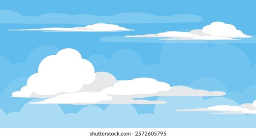 Sky with Clouds illustration in flat style. Sky and clouds background. Cloudy vector cartoon illustration in blue color. Nature abstract wallpaper.