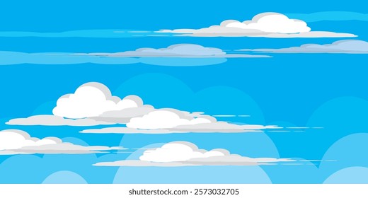 Sky with Clouds illustration in flat style. Sky and clouds background. Cloudy vector cartoon illustration in blue color. Nature abstract wallpaper.