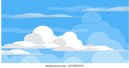 Sky with Clouds illustration in flat style. Sky and clouds background. Cloudy vector cartoon illustration in blue color. Nature abstract wallpaper.