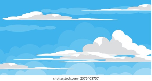 Sky with Clouds illustration in flat style. Sky and clouds background. Cloudy vector cartoon illustration in blue color. Nature abstract wallpaper.