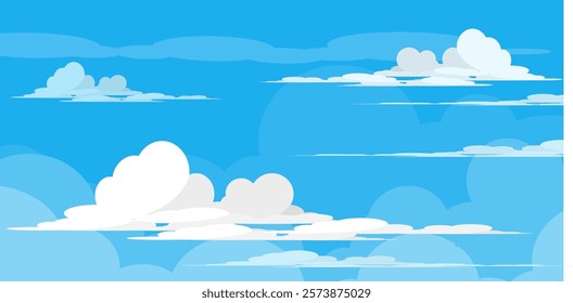 Sky with Clouds illustration in flat style. Sky and clouds background. Cloudy vector cartoon illustration in blue color. Nature abstract wallpaper.