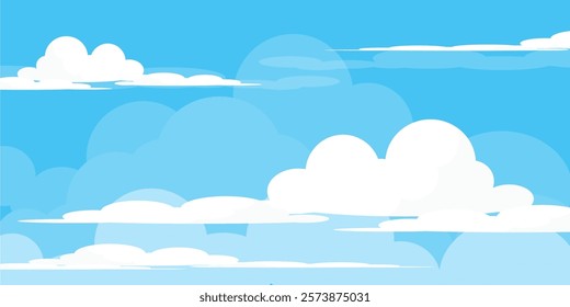 Sky with Clouds illustration in flat style. Sky and clouds background. Cloudy vector cartoon illustration in blue color. Nature abstract wallpaper.