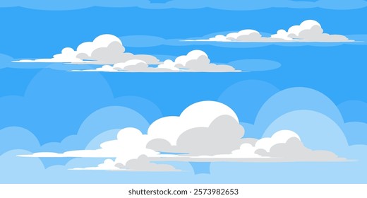 Sky with Clouds illustration in flat style. Sky and clouds background. Cloudy vector cartoon illustration in blue color. Nature abstract wallpaper.