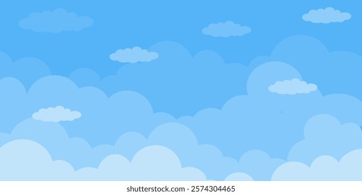 Sky with Clouds illustration in flat style. Sky and clouds background. Cloudy vector cartoon illustration in blue color. Nature abstract wallpaper.