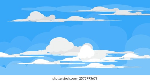 Sky with Clouds illustration in flat style. Sky and clouds background. Cloudy vector cartoon illustration in blue color. Nature abstract wallpaper.