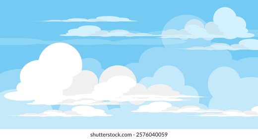 Sky with Clouds illustration in flat style. Sky and clouds background. Cloudy vector cartoon illustration in blue color. Nature abstract wallpaper.