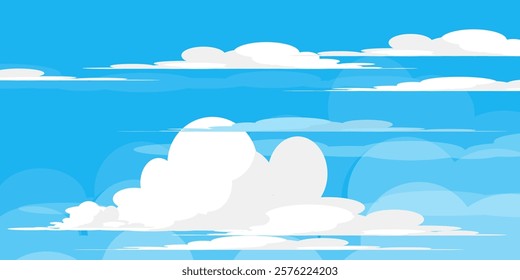 Sky with Clouds illustration in flat style. Sky and clouds background. Cloudy vector cartoon illustration in blue color. Nature abstract wallpaper.