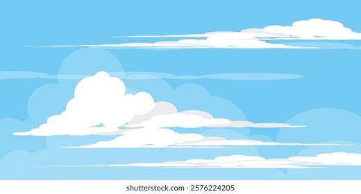 Sky with Clouds illustration in flat style. Sky and clouds background. Cloudy vector cartoon illustration in blue color. Nature abstract wallpaper.