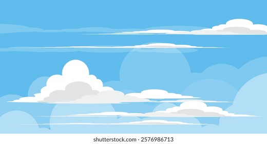 Sky with Clouds illustration in flat style. Sky and clouds background. Cloudy vector cartoon illustration in blue color. Nature abstract wallpaper.