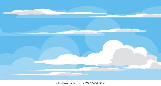Sky with Clouds illustration in flat style. Sky and clouds background. Cloudy vector cartoon illustration in blue color. Nature abstract wallpaper.