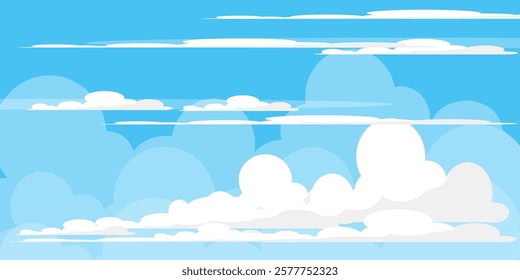 Sky with Clouds illustration in flat style. Sky and clouds background. Cloudy vector cartoon illustration in blue color. Nature abstract wallpaper.