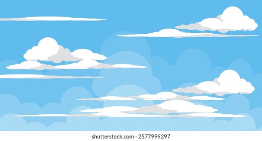 Sky with Clouds illustration in flat style. Sky and clouds background. Cloudy vector cartoon illustration in blue color. Nature abstract wallpaper.