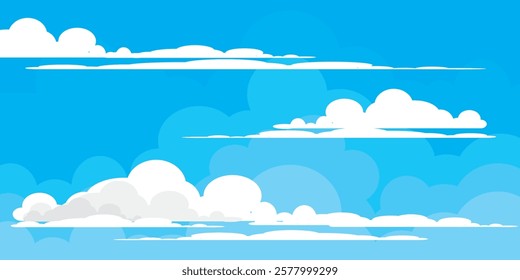 Sky with Clouds illustration in flat style. Sky and clouds background. Cloudy vector cartoon illustration in blue color. Nature abstract wallpaper.