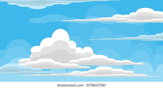 Sky with Clouds illustration in flat style. Sky and clouds background. Cloudy vector cartoon illustration in blue color. Nature abstract wallpaper.