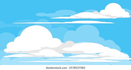 Sky with Clouds illustration in flat style. Sky and clouds background. Cloudy vector cartoon illustration in blue color. Nature abstract wallpaper.