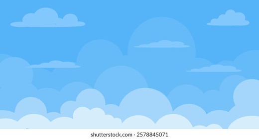 Sky with Clouds illustration in flat style. Sky and clouds background. Cloudy vector cartoon illustration in blue color. Nature abstract wallpaper.