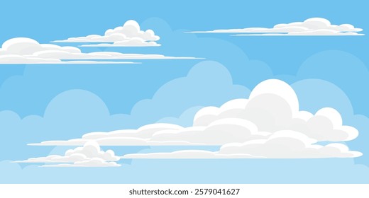 Sky with Clouds illustration in flat style. Sky and clouds background. Cloudy vector cartoon illustration in blue color. Nature abstract wallpaper.