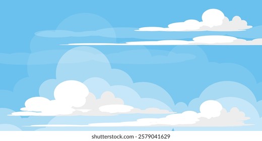 Sky with Clouds illustration in flat style. Sky and clouds background. Cloudy vector cartoon illustration in blue color. Nature abstract wallpaper.