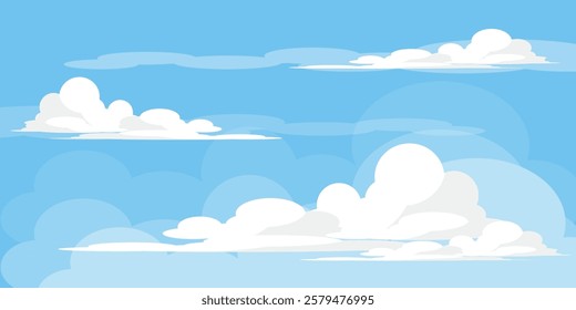 Sky with Clouds illustration in flat style. Sky and clouds background. Cloudy vector cartoon illustration in blue color. Nature abstract wallpaper.