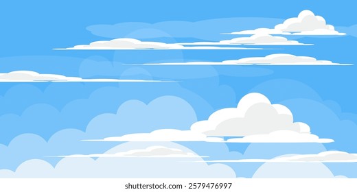 Sky with Clouds illustration in flat style. Sky and clouds background. Cloudy vector cartoon illustration in blue color. Nature abstract wallpaper.