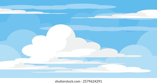 Sky with Clouds illustration in flat style. Sky and clouds background. Cloudy vector cartoon illustration in blue color. Nature abstract wallpaper.