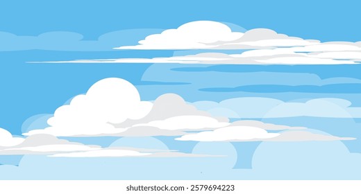 Sky with Clouds illustration in flat style. Sky and clouds background. Cloudy vector cartoon illustration in blue color. Nature abstract wallpaper.