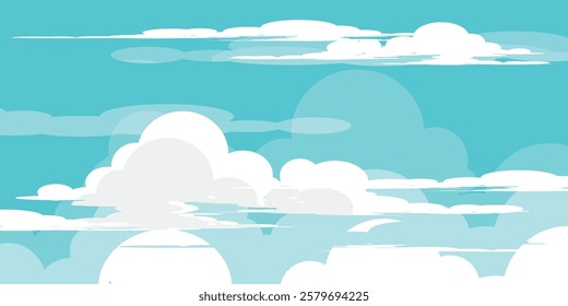 Sky with Clouds illustration in flat style. Sky and clouds background. Cloudy vector cartoon illustration in blue color. Nature abstract wallpaper.