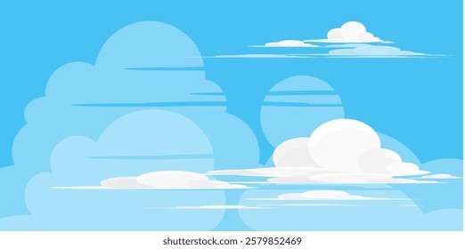 Sky with Clouds illustration in flat style. Sky and clouds background. Cloudy vector cartoon illustration in blue color. Nature abstract wallpaper.