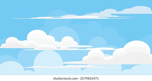 Sky with Clouds illustration in flat style. Sky and clouds background. Cloudy vector cartoon illustration in blue color. Nature abstract wallpaper.