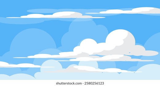 Sky with Clouds illustration in flat style. Sky and clouds background. Cloudy vector cartoon illustration in blue color. Nature abstract wallpaper.