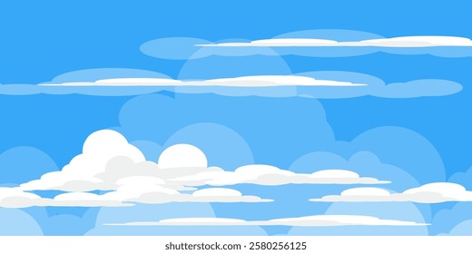 Sky with Clouds illustration in flat style. Sky and clouds background. Cloudy vector cartoon illustration in blue color. Nature abstract wallpaper.