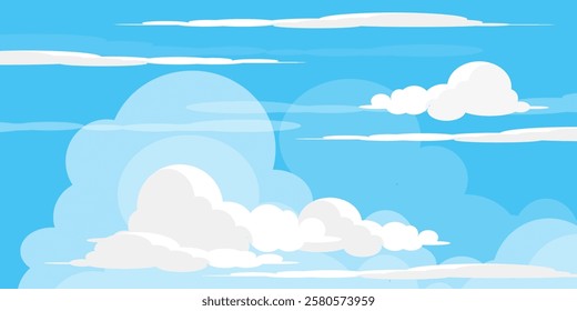 Sky with Clouds illustration in flat style. Sky and clouds background. Cloudy vector cartoon illustration in blue color. Nature abstract wallpaper.