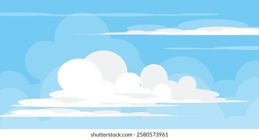 Sky with Clouds illustration in flat style. Sky and clouds background. Cloudy vector cartoon illustration in blue color. Nature abstract wallpaper.